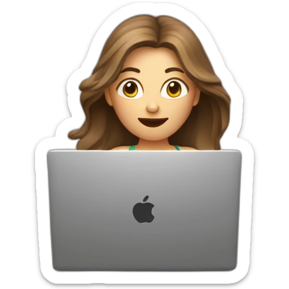 women in front of a laptop with a surprised face, brown light long hair, she is looking the laptop, hair in the air, caucasian sticker