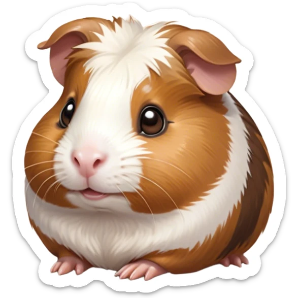 Cinematic Cute Brown and White Banded Guinea Pig Portrait Emoji, Head tilted playfully and inquisitively, showcasing a fluffy fur with playful brown and white banded patterns, round, sparkling dark eyes filled with curiosity, Simplified yet irresistibly adorable features, highly detailed, glowing with a warm, friendly glow, high shine, affectionate and spirited, stylized with a touch of whimsy, bright and endearing, soft glowing outline, capturing the essence of a mischievous yet loving guinea pig, so playful it feels like it could dash out of the screen and into your arms! sticker
