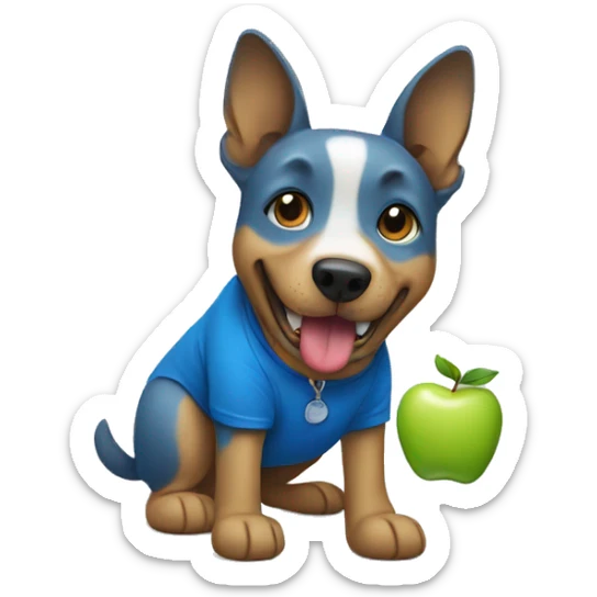 dog with an apple in his mouth and wearing a blue t-shirt  sticker