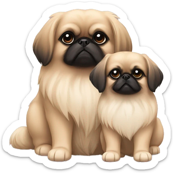 Two beige dogs Pekingese, mother and her puppy. Puppy is with black face  sticker