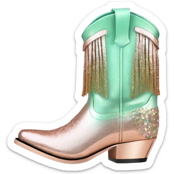 Realistic rose gold and mint green ombre pair of fashion cowgirl boots with sparkly shiny glitter fringe on them. sticker