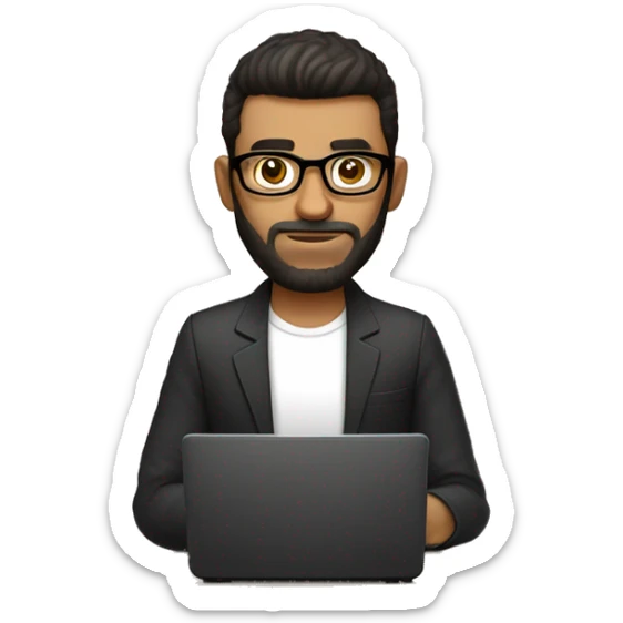 Persona, hombre, 33 años, lentes con marco negro, cabello corto, ojos marrones, barba de 3 dias, detras de una mesa con un ordenador sticker