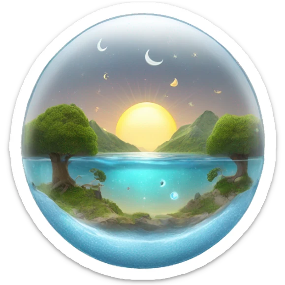 water and land like inside a semi-circular glass dome with the sun and moon at the top sticker
