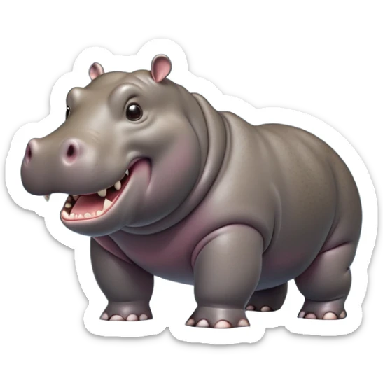 cinematic-hippo-realistic-full-body side view-standing on all fours-emoji,-massive-round-frame,-wide-mouthed-grin-exposing-huge-teeth,-head-tilted-dramatically,-thick-greyish-brown-hide-glossy-from-water,-simplified-yet-realistic-focused-features,-highly-detailed,-glowing-with-an-almost-sarcastic-glow showing only 4 theeth sticker