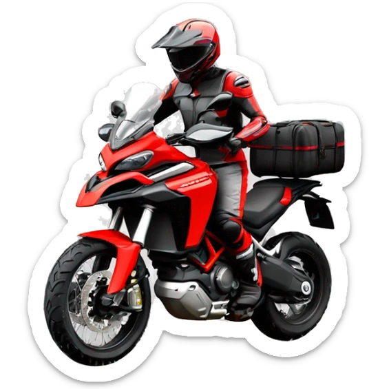 Moto todoterreno Ducati multistrada enduro roja y negra con bolsas laterales y manchas de barro en el depósito y las ruedas. Piloto con casco gris sin barba. sticker