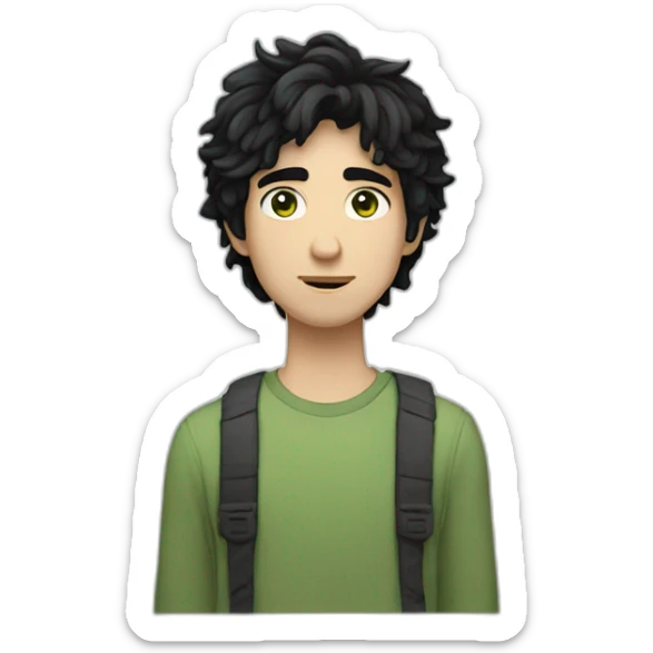 A 24 year old white male with jet black hair that is short and shaggy, light greenish eyes, square face with a mildly feminine vibe sticker