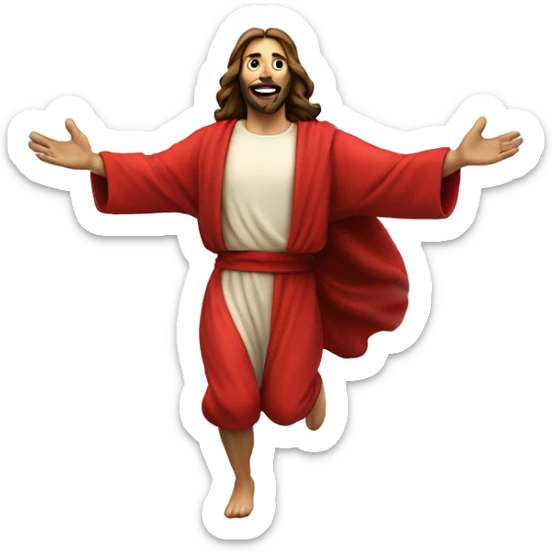 Jesus sprinting, with a large stride and arms outstretched, in a red santa costume sticker