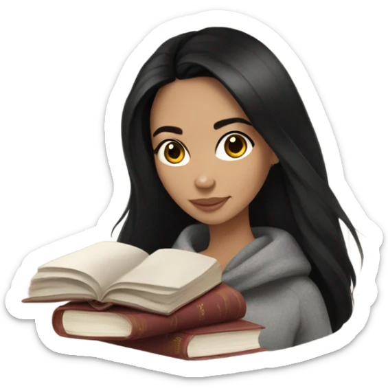 Brunette girl, black straight hair, cozy with tea and book sticker