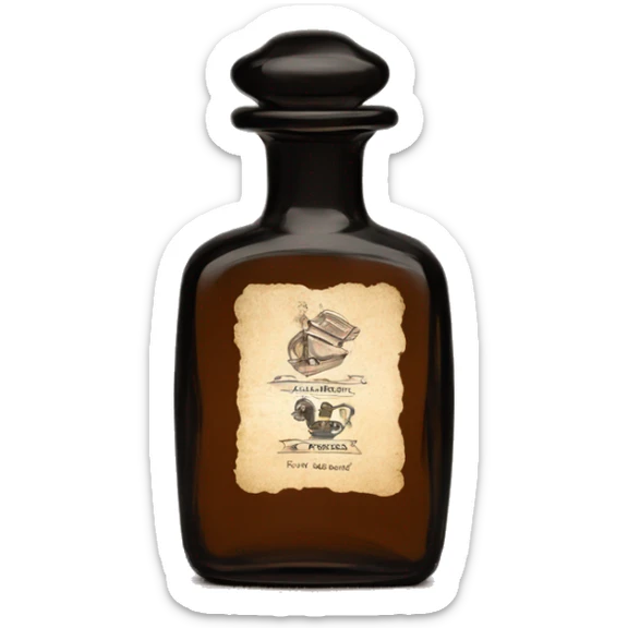 English vintage glass perfume bottle from my grandmother, old and shabby, with a label, stylish and minimalistic, black and brown sticker