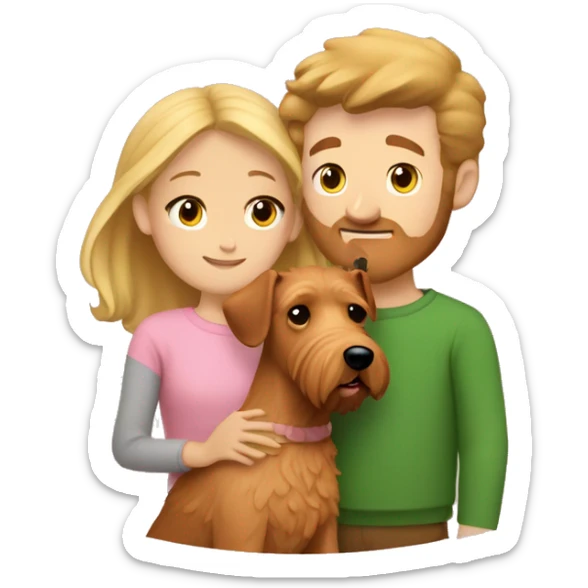 a girl with blond hair in a beige sweater and a guy with light brown hair in a pink t-shirt hug an Irish terrier sticker