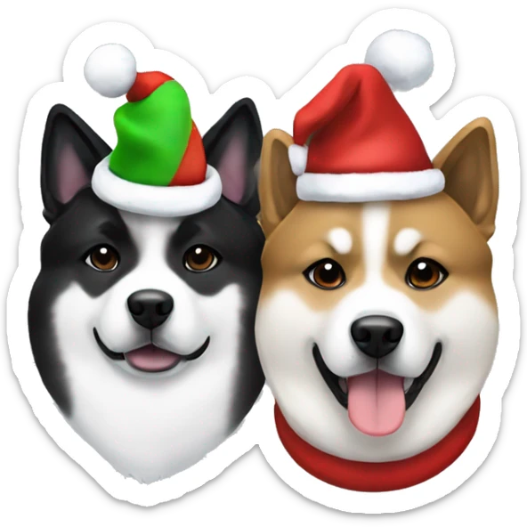 Two American Akita dogs one black and white and one just black wearing Christmas hats sticker