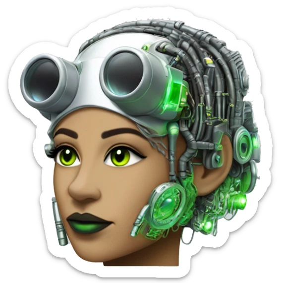 Neon green bobbed hair Latina female cyborg head with silver steampunk goggles and circuits sticker