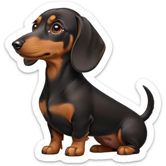 Cinematic Noble blablack and tanck and tan Dachshund Portrait Emoji, Poised and regal, with a long, low-slung build and a smooth, well-groomed black and tan coat, deep-set soulful brown eyes, Simplified yet sharp and sophisticated features, highly detailed, glowing with a soft, dignified glow, high shine, intelligent and determined, stylized with an air of charm, focused and attentive, soft glowing outline, capturing the essence of a watchful and confident companion, so majestic it feels as though it could slide out of the screen with effortless authority! sticker