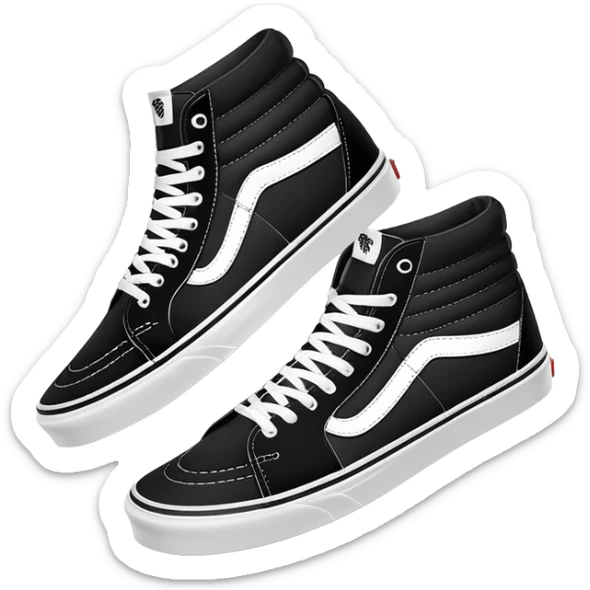 Clean minimalist iOS emoji style pair of black Vans Sk8-Hi high tops with one behind the other, simple forms, flat design, essential white stripe detail sticker