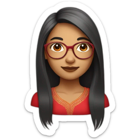An Indian girl with a round face and straight long hair and old school transparent glasses. Wearing a red dress sticker
