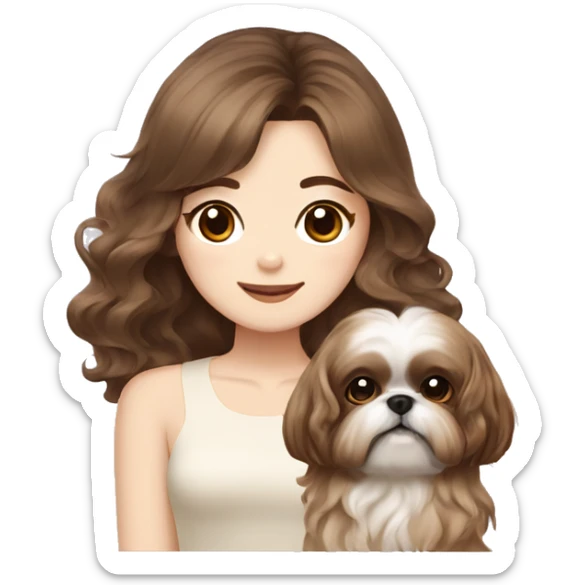 long brown wavy hair korean girl with cream and brown colored shih tzu sticker