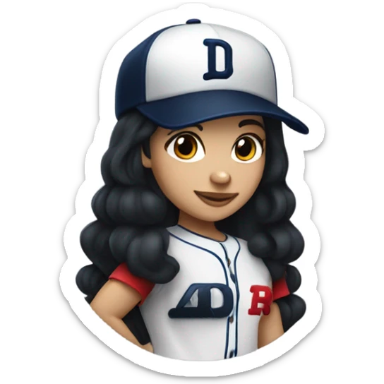 White girl with black long hair who wearing navy ballcap emblazoned with a red D initial and wearing baseball uniform sticker