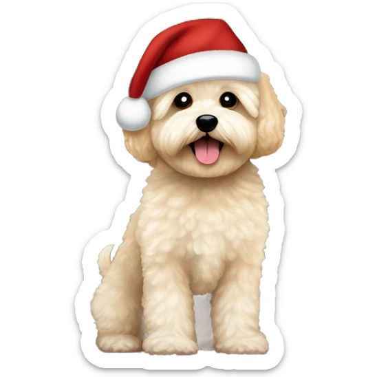 Ein Maltipoo mit Weihnachtsmütze im Vordergrund im Hintergrund stehen zwei Menschen, ein braun haarige Junge und ein blondes Mädchen in der Mitte ein Weihnachtsbaum sticker