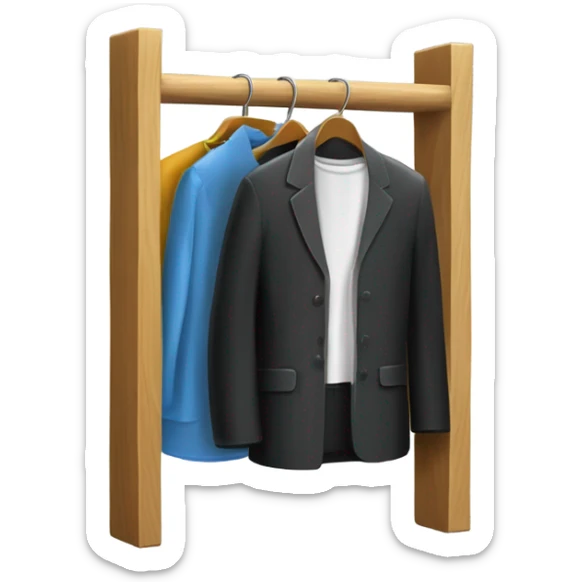 Design an emoji-style icon of an open wardrobe with clothes hanging inside. Include details like a wooden frame, hangers, and black different clothing items such as shirts or any other clothing . Use a clean and minimalistic design. sticker