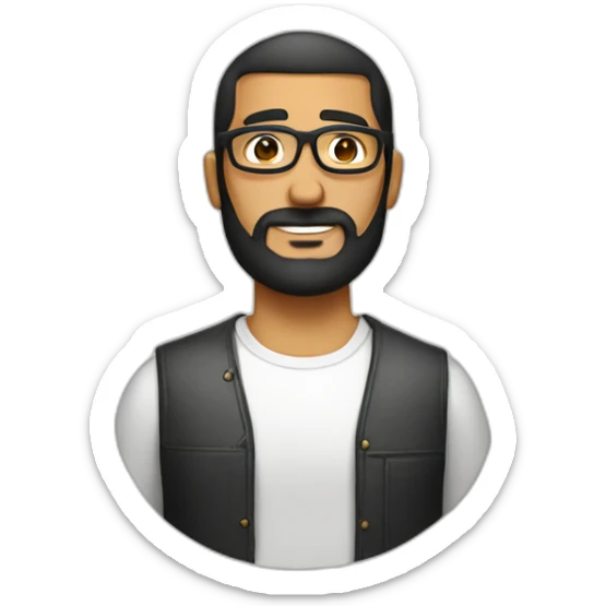 guy with tanned skin, a black buzzcut, big nose, round golden glasses, a bit of dark beard and a white shirt sticker