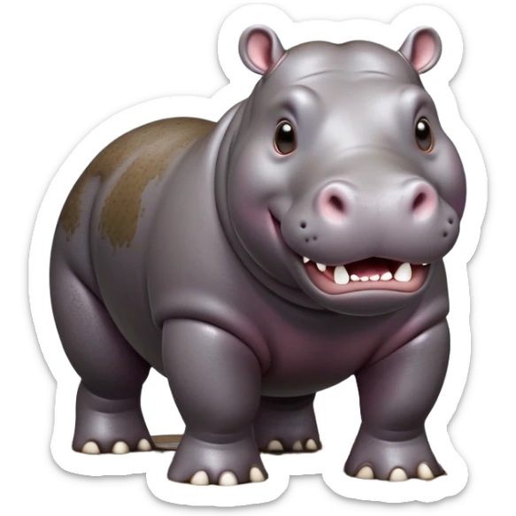 cinematic-hippo-realistic-full-body side view-standing on all fours-emoji,-massive-round-frame-partially-submerged-in-muddy-water,-wide-mouthed-grin-exposing-huge-teeth,-head-tilted-dramatically,-thick-greyish-brown-hide-glossy-from-water,-simplified-yet-realistic-focused-features,-highly-detailed,-glowing-with-an-almost-sarcastic-glow sticker