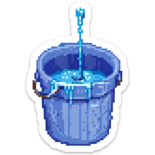 blue bucket of water with a hole in the side, water pouring out, pixel art style sticker