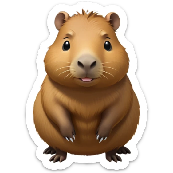 cinematic-capybara-realistic-full-body-on-all-fours-emoji,-plump-and-relaxed-body-soaking-in-the-warm-sun,-short-brown-fur-slightly-ruffled,-head-tilted-dramatically,-calm-expressive-eyes-exuding-serene-wisdom,-simplified-yet-realistic staring at the camera ina. cimical way sticker
