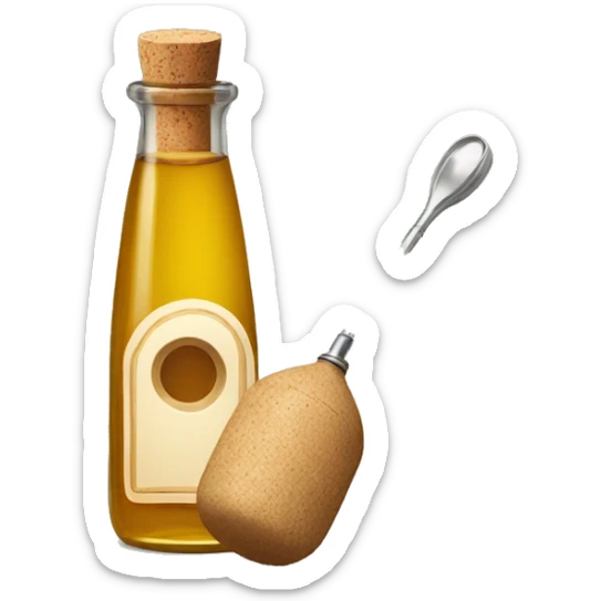 bottle of vinegar with the cork and a nozzle; spoon is laying neat the bottle sticker