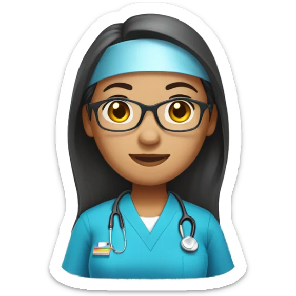 Female nurse with blue scrubs, Filipino of descent, with straight hair and eyeglasses, half body shot sticker