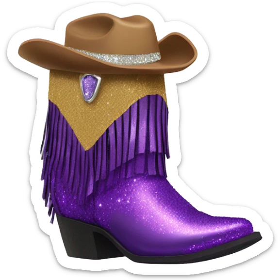 Realistic royal purple fashion cowgirl boots with sparkly shiny glitter fringe on them. sticker