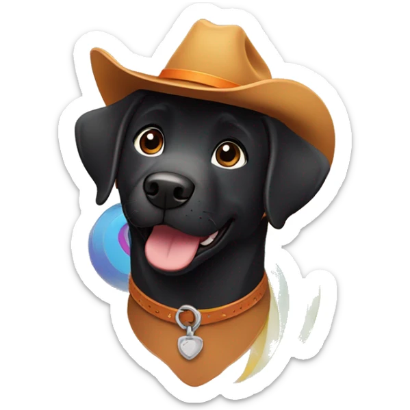 disney pixar smiling black labrador with brown cowboy hat and orange collar flying over there rainbow  sticker