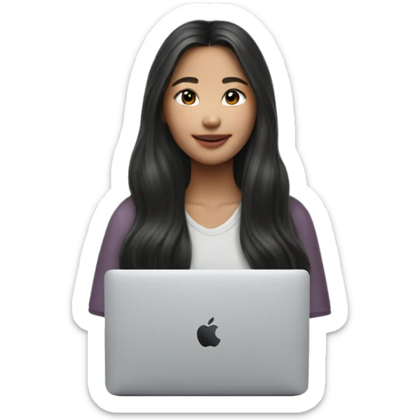 A asian girl wearing airpods max and looking at a macbook wavy long hair white skin sticker