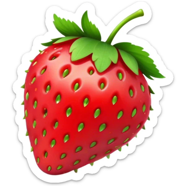 Cinematic Realistic Strawberry Emoji, Plump and juicy, with a deep red color and small, fresh seeds dotted across the skin. Its glossy, sweet surface catches the light, while bright green leaves top off the perfect, delicious berry. Soft glowing outline, capturing the essence of sweetness and freshness in a bright strawberry! sticker