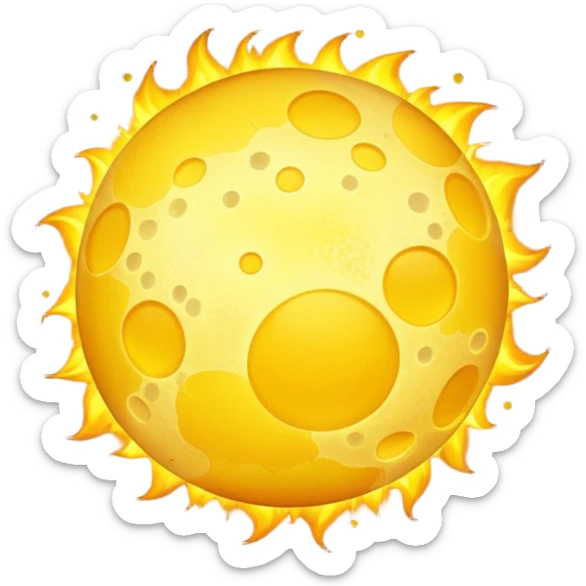 burning yellow ball of light emoji, glowing with a yellow-white hue, mottled by dark sunspots and bright granules from convective currents, radiant, fiery, simple and round, no face, no text sticker