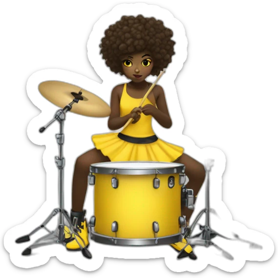 cute punk girl in yellow dress dark skin with yellow eyes and dark curvy hairs plays on drums sticker