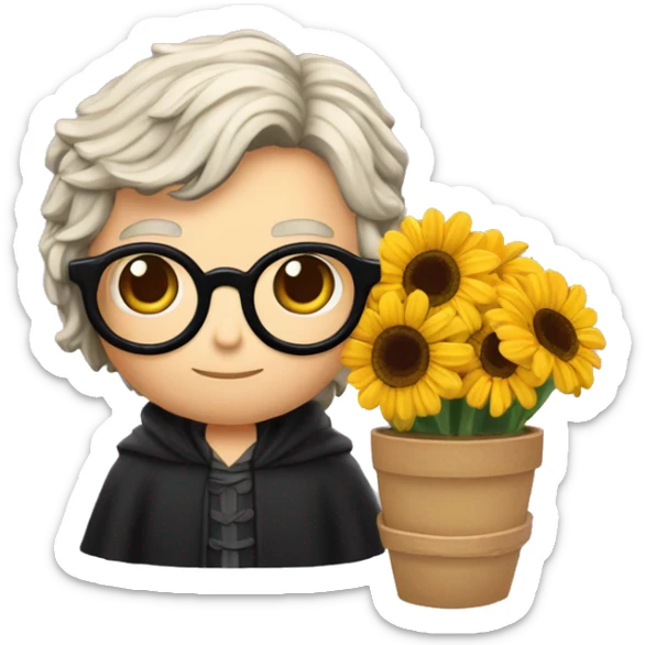 Harry potter avec les cheveux noir ondulés noir des lunettes ronde une cicatrice une baguette magique et un pot de fleur  sticker