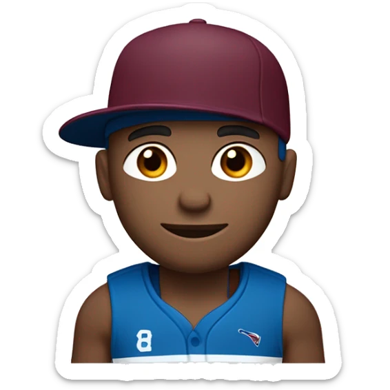 A man in wearing a maroon and blue  sportsgear. He has a maroon and blue coloured sport cap on his head and a slight smile on his face.only front side.the skin colour should be a little lighter.the letter ‘A’ on the top of the handle in burgundy. sticker