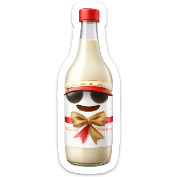 realistic clear bottle of puertorrican coquito with a red ribbon and jibaro hat as the cap isolated sticker