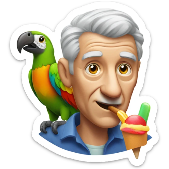 Old man with gray hair portrait with a colorful parrot on his shoulder eating a popsicle  sticker