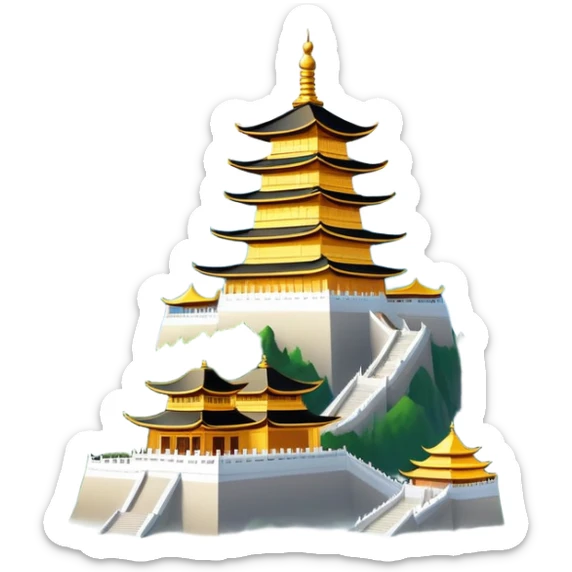 Mount Emei misty peaks with golden temple Sichuan, simplified emoji style with bold outlines and bright colors, cartoon style mountain with clouds sticker