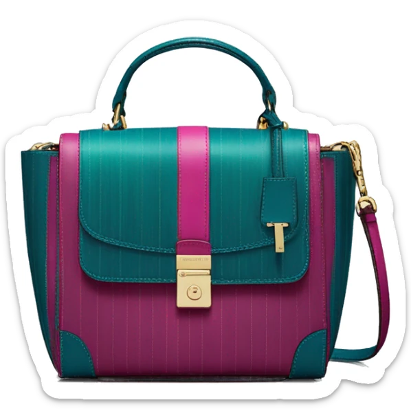 Realistic isolated magenta and dark teal blue pinstripe Michael Kors satchel handbag purse.  sticker