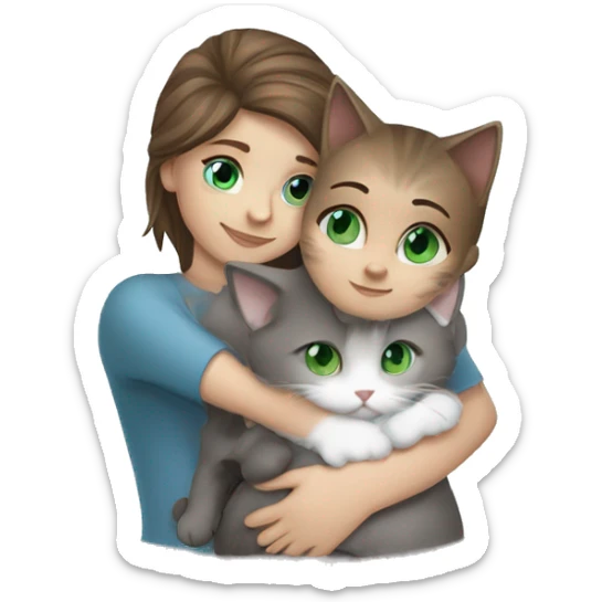 blue eyes grey kitten and brown hair green eyes girl hugs sticker