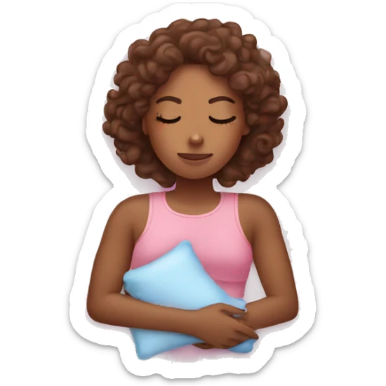 Sleepy girl on pink pillow with brown curly hair and a ice pack sticker