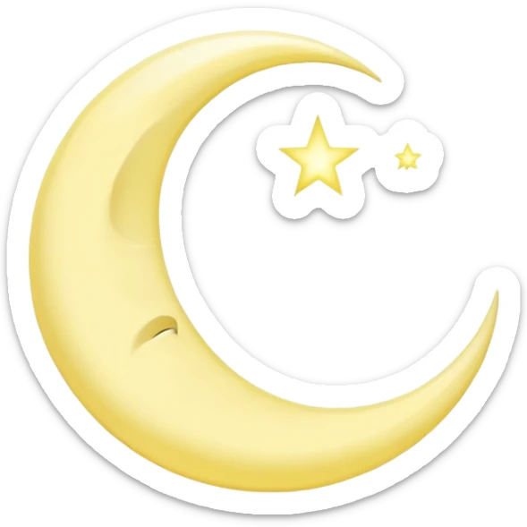 A crescent moon emoji, representing a thin, curved sliver of the moon in a waxing or waning phase. Soft glowing edges with a gentle curve, usually shown in pale yellow or white, symbolizing night, calmness, or spirituality. sticker