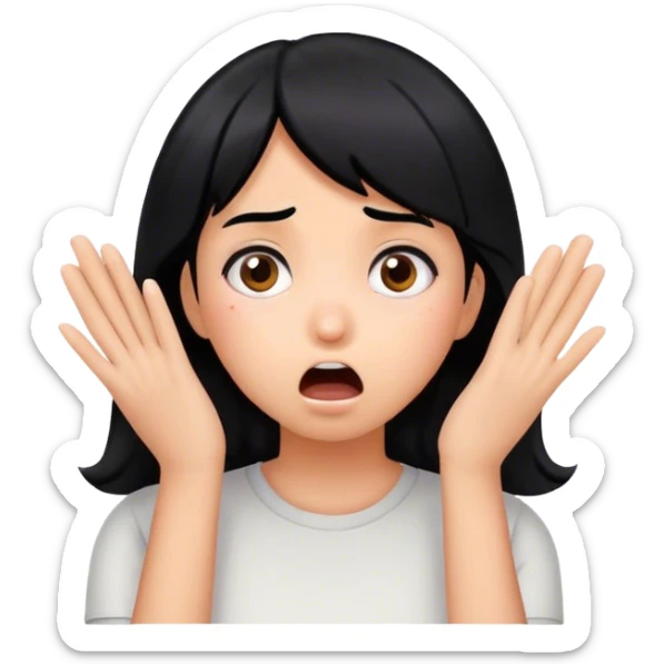 Shocked girl face with black hair and hands on face, big sign saying "HELP" sticker