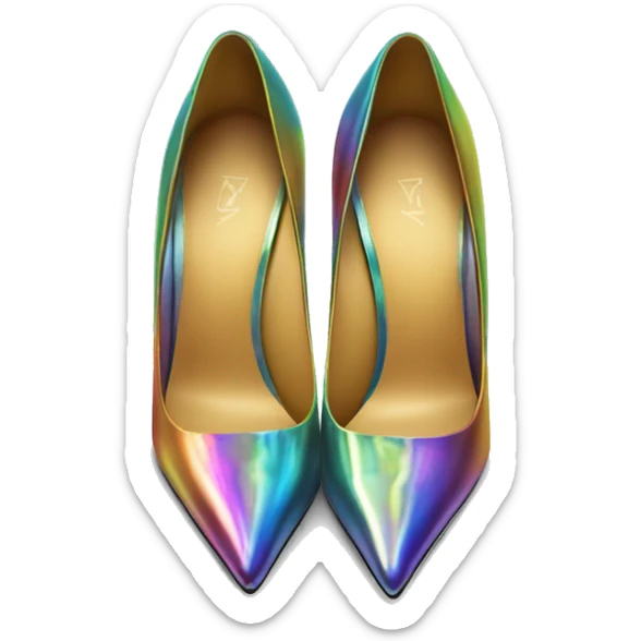 Realistic isolated top view of a pair of metallic rainbow iridescent  pointed toe high heel shoes. sticker