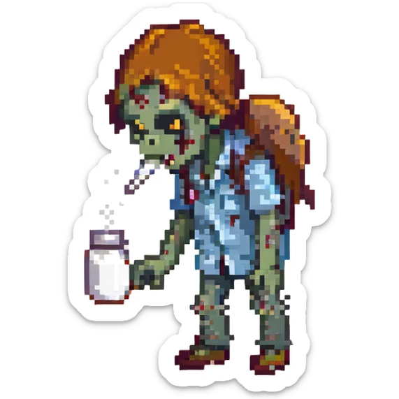 A zombie Leo  sniffing white powder with a background lab in the style of a pixel art sticker