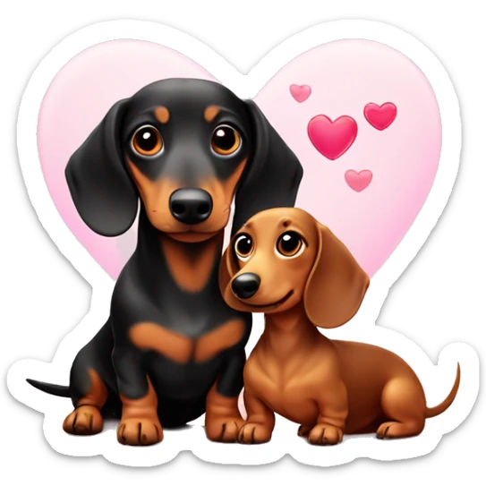 Two mini dachshund of different sizes and colours in love with a love heart in front  sticker