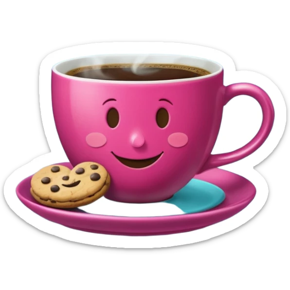 cup of coffee, steaming, the smoke should come out in the shape of a heart, the color of the cup is fuchsia, the cup has a happy face printed on it, the cup rests on a turquoise blue plate, and there are cookies and sugar cubes around the cup. sticker