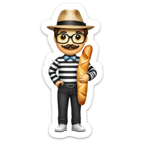Nerd emoji with black and white long sleeve striped shirt and a fedora and a mustache and a baguette and a French hand  sticker